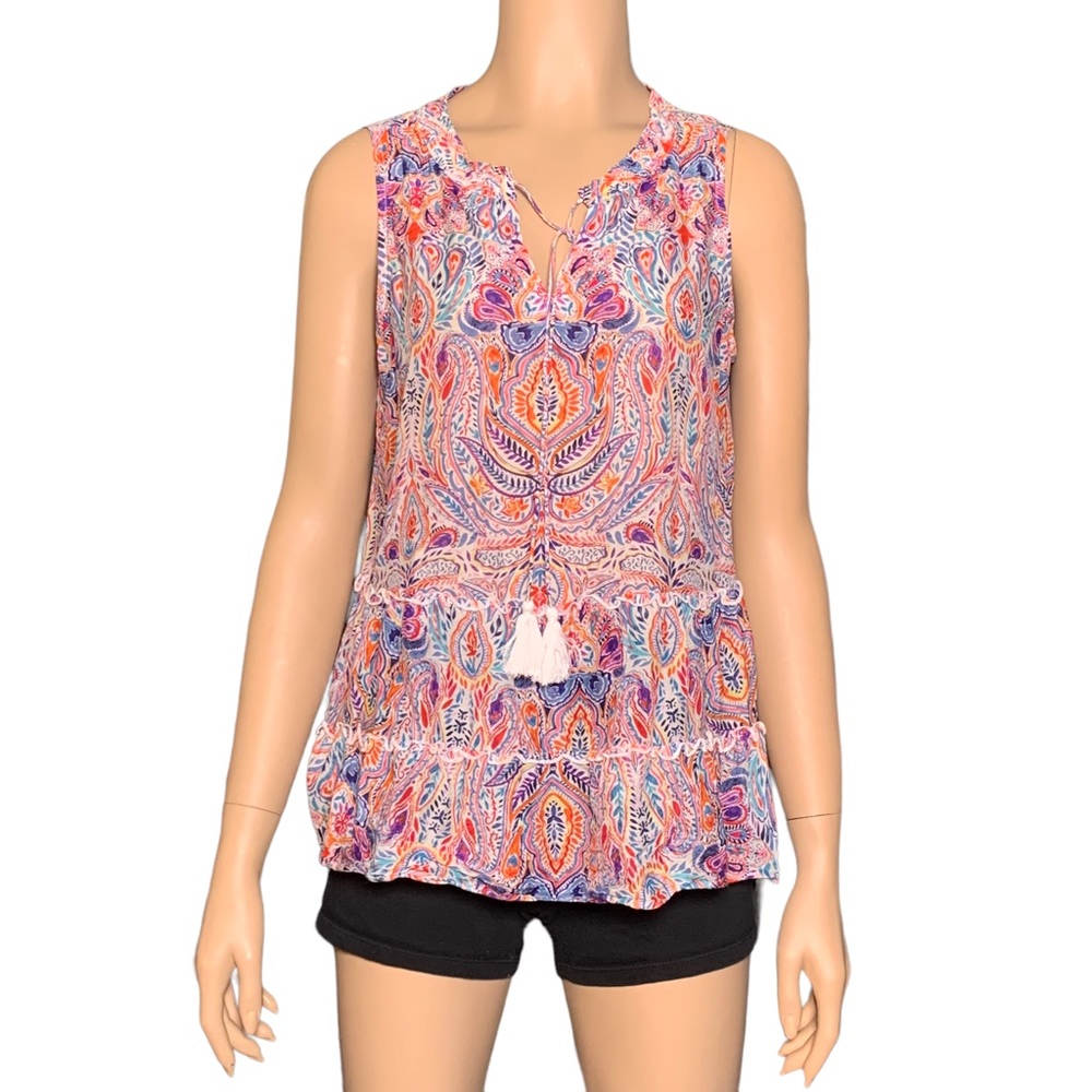 Tommy Bahama Women's Sleeveless Paisley Tunic Top Tasseled V-Neck Blouse Size S